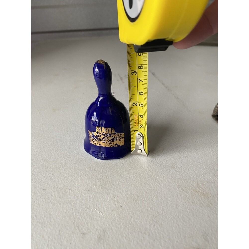 Vintage Alaska Souvenir Bell Cobalt Blue Ceramic Gold Mountain 4” Hanging